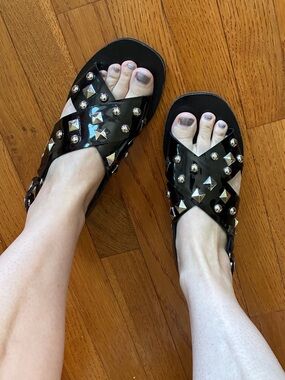 Laurence Dolige Black Studded Cross-Strap Women's Sandals